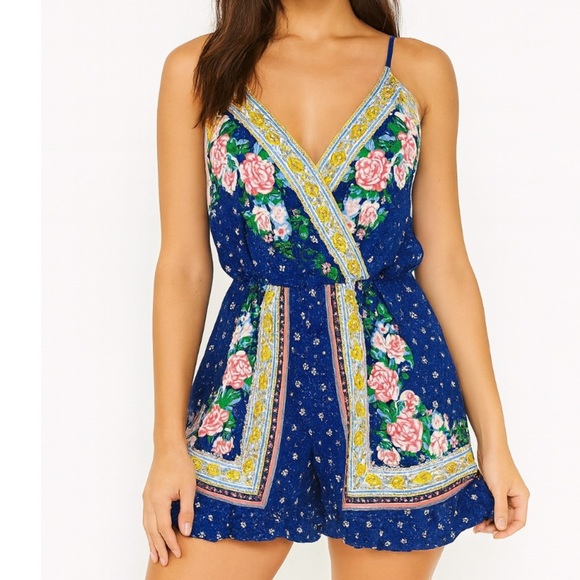 Flying Tomato romper blue floral one piece jumper spaghetti strap wrap style MD - Picture 1 of 11
